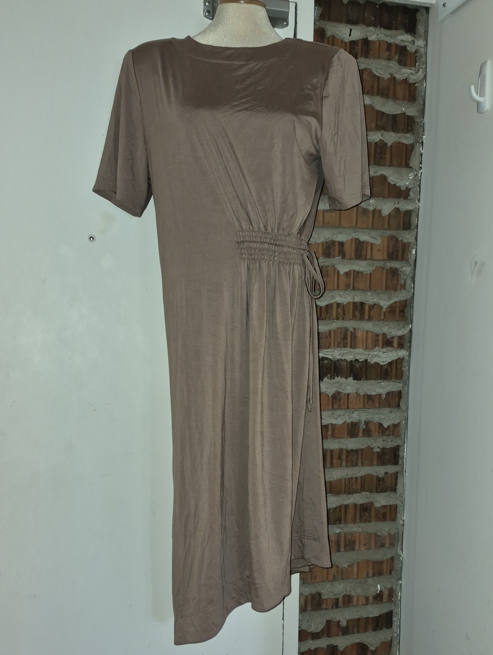 Badgley Mischka Tan Ruched Side Drawstring Asymmetric Dress Size L Large